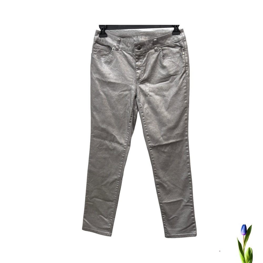 Chico's Platinum Jeans Gray Silver Metallic foil Shimmer Straight, Cotton